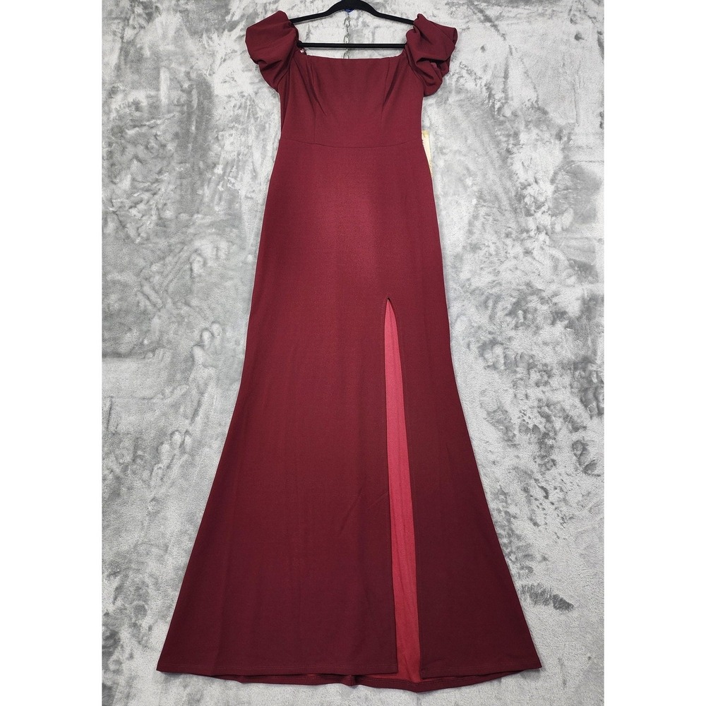 NEW Social Couture Dress Womens 9/10 Red Off Shoulder Maxi Puff Sleeve Slit Gown